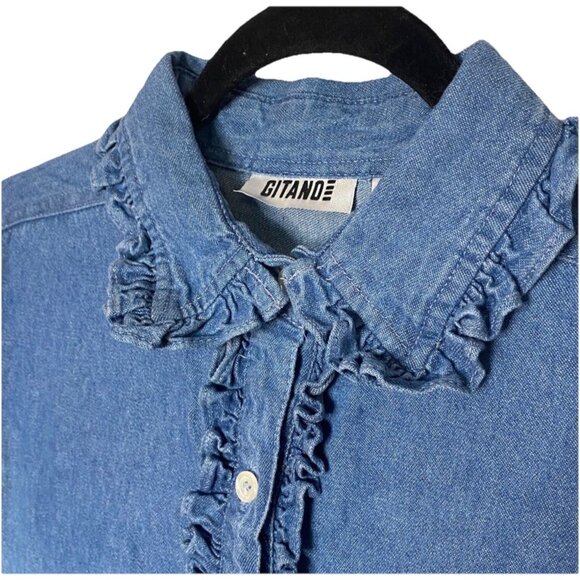 Gitano Vtg Denim Top w Ruffles Button Up Jean Shirt 80s 90s Sz L Office - Picture 7 of 11
